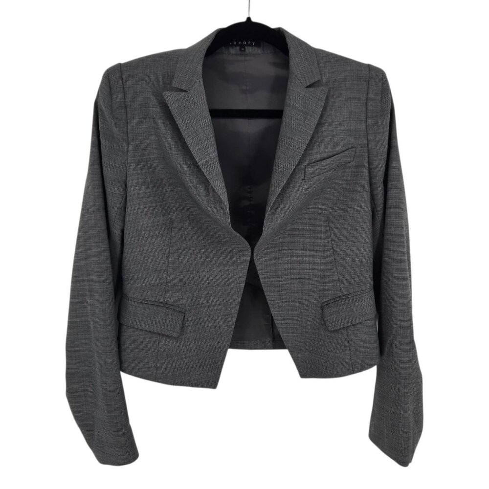Theory womens size 10 gray open front long sleeve blazer career wear virgin wool